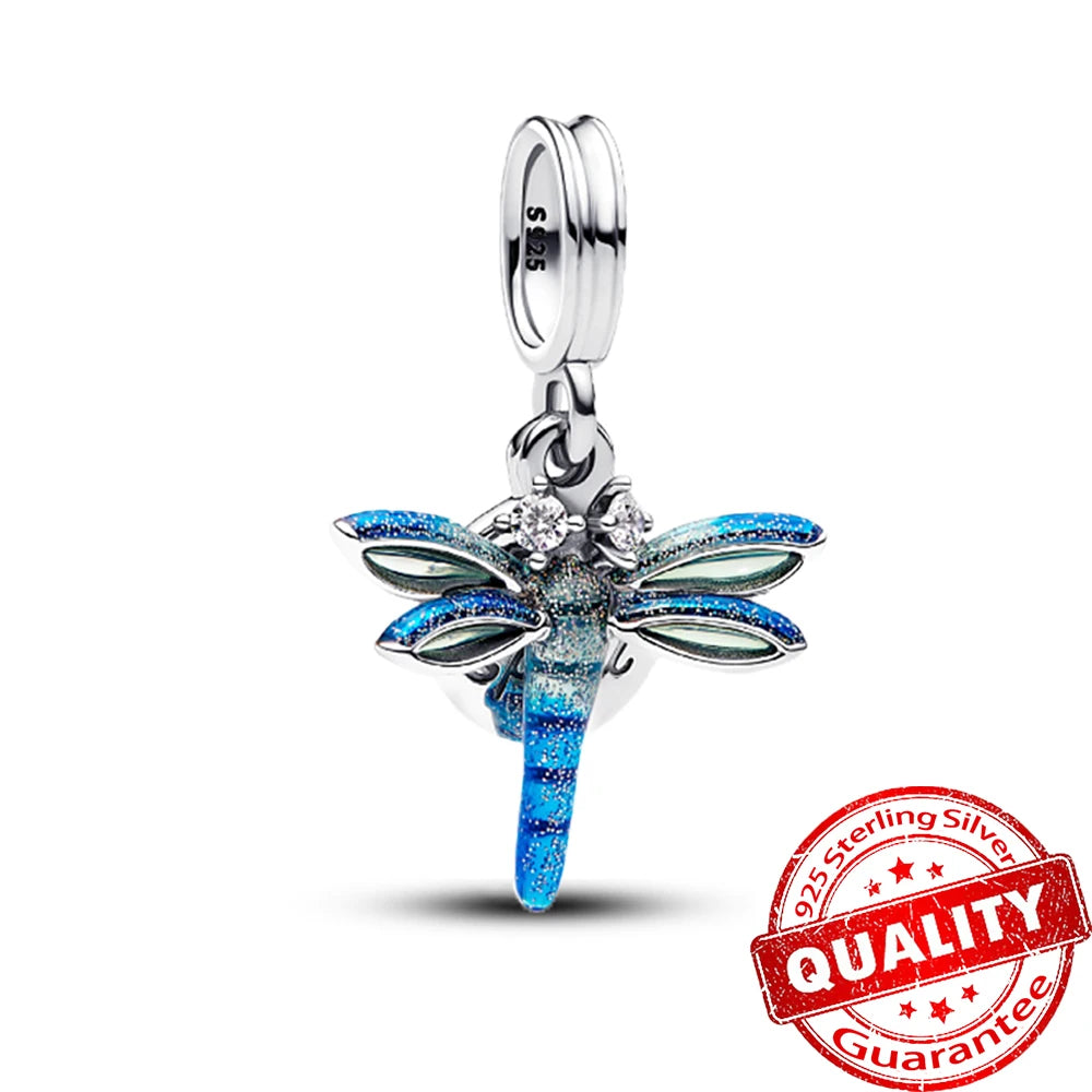 Charm de Plata 925 Trébol Azul Degradado y Flor Iris Rosa – Abalorio Elegante para Pulseras Originales