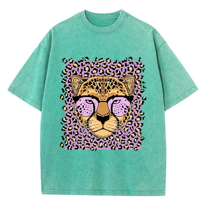 Camiseta Oversize Mujer Vintage | Algodón Lavado Ácido Estampado Leopardo Caricaturas