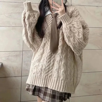 Suéter Oversize Mujer Tejido | Jersey de Punto V-Cuello Harajuku Coreano Otoño Invierno