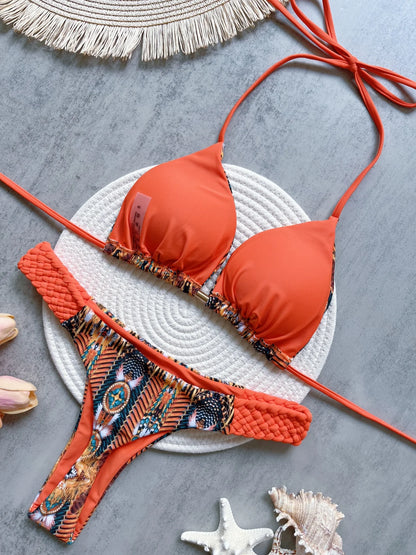 RUOTONGSEPT Bikini Halter Mujer | Mini Tanga Estampado Corte Alto 2 Piezas