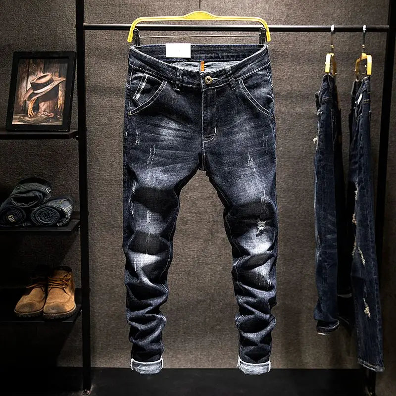 Jeans Hombre High Street | Pantalón Slim Fit Ripped Recto Elástico Streetwear Todo el Año 2025