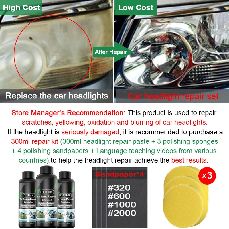 Kit Restauración de Faros Coche 30ml-300ml | Pulimento Eliminador de Rayones, Amarillamiento y Oxidación | Líquido Pulidor Lentes