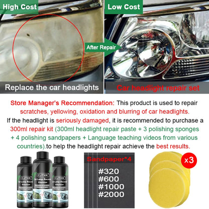 Kit Restauración de Faros Coche 30ml-300ml | Pulimento Eliminador de Rayones, Amarillamiento y Oxidación | Líquido Pulidor Lentes