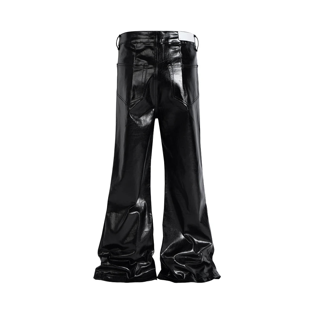 Pantalones Oversize PU Cuero Brillante Unisex | Wide Leg Rectos Acampanados Estilo High Street con Cinturón