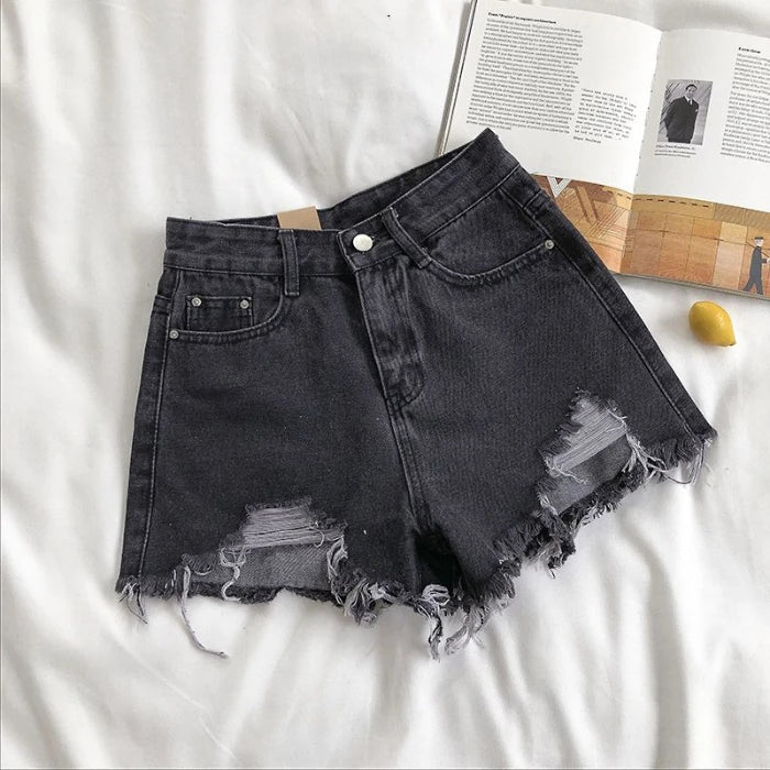Shorts Vaqueros Mujer Cintura Alta | Denim Azul Coreano con Flecos y Detalles Y2K