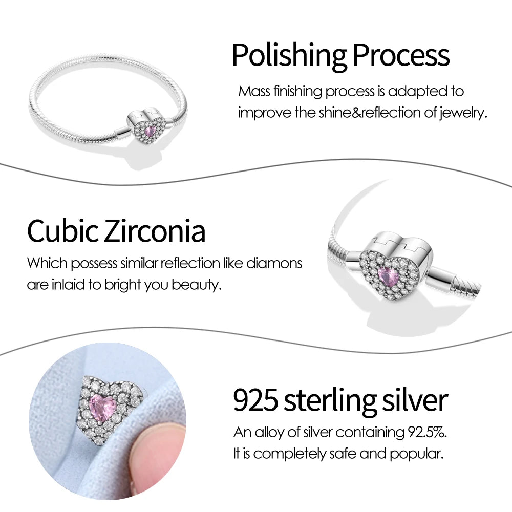 Fashion S925 Silver Plated Peach Heart Love Sparkling Zircon Bracelet For Women Fit DIY Charms Beads Fine DIY Birthday Jewelry