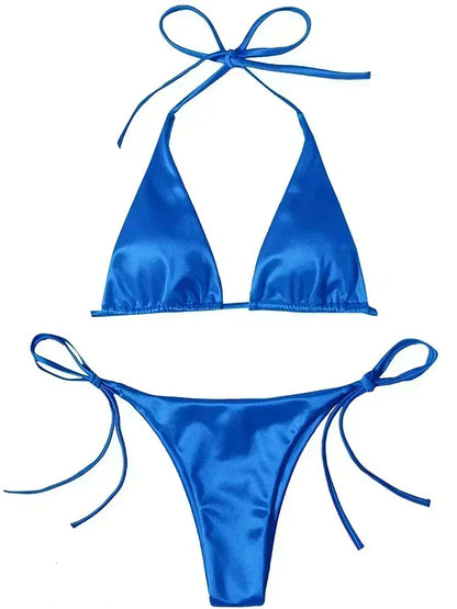 Bikini Brasileño Halter Mujer | Satinado Metálico Push Up 2 Piezas