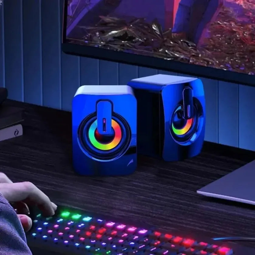 Altavoces de escritorio XIKCU con LED – HiFi estéreo USB con micrófono para PC