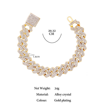 Pulsera Cuban Chain Iced Prong 14mm – Rhinestones Brillantes para Hombre y Mujer