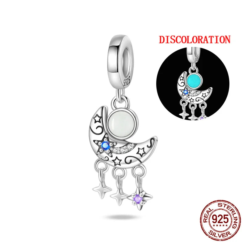Charm luna y estrellas luminoso plata 925 – Abalorio brillante para pulsera tipo Pandora mujer