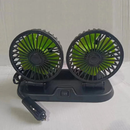 Ventilador de Coche Multi-Voltaje | Doble Cabezal USB Enfriador | 2 Velocidades Ajustables | Compatible 5V/12V/24V | Ventilación Automática