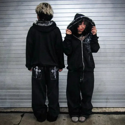 Jeans Oversize Hombre Y2K Gótico Rock | Pantalones Anchos Estampado Calavera Skeleton Streetwear Hip Hop Harajuku