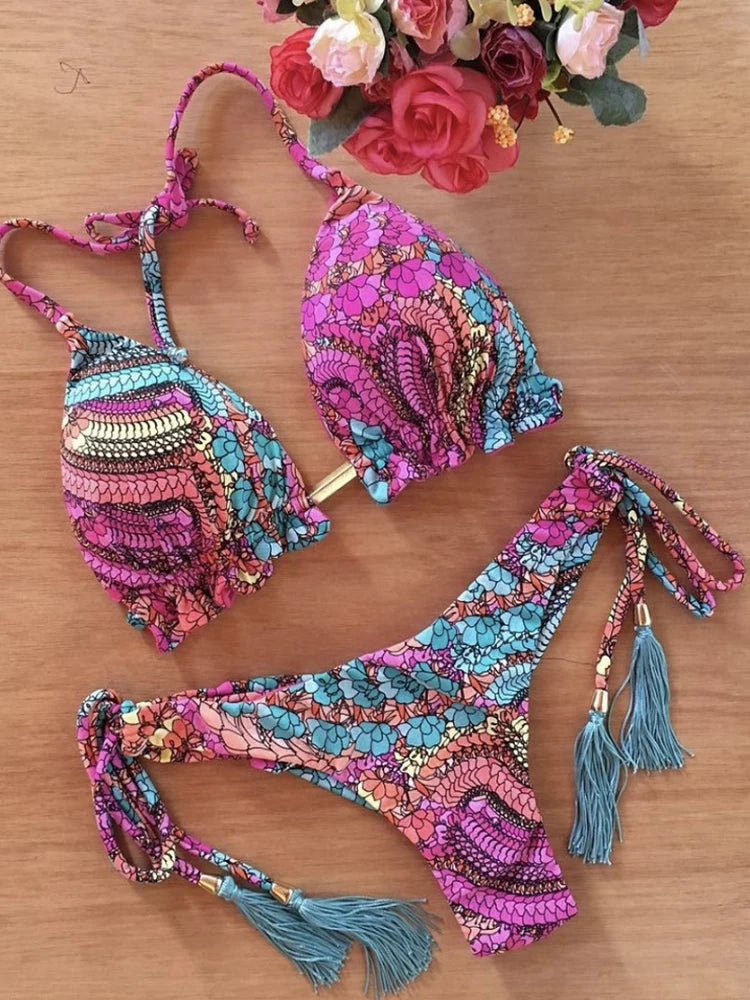 Bikini Sexy Mujer 2025 | Estampado Floral Push Up con Cuerdas