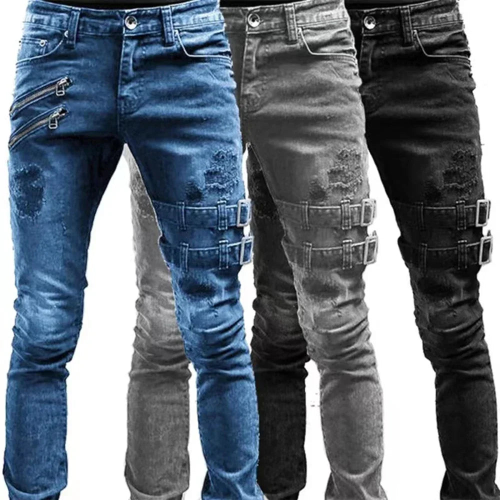 Jeans Biker Slim Fit para Hombre – Pantalones Rotos de Denim Negro con Cremallera, Stretch y Estilo Hip Hop Oversize