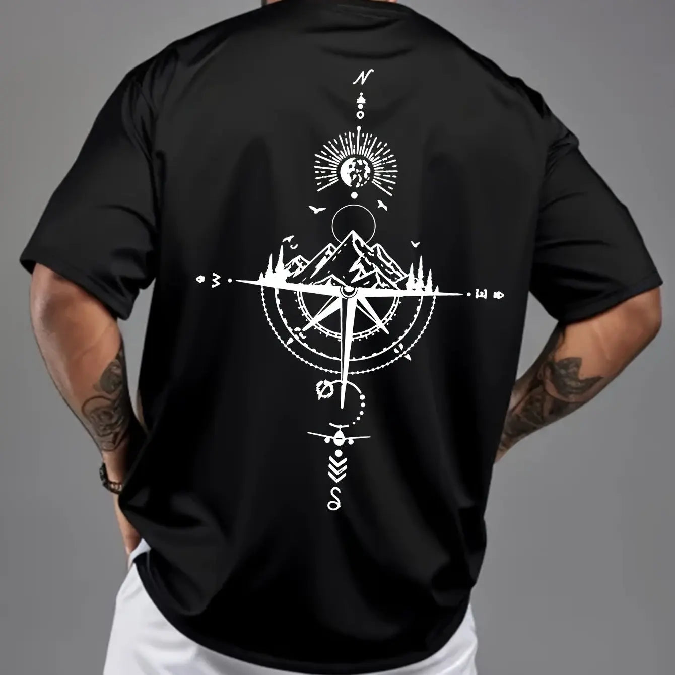 Camiseta Hombre Verano 100% Algodón | Casual Deportivo Oversized | Estampado Brújula Retro Manga Corta Cuello Redondo