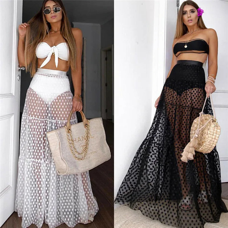 Falda Playa Mujer Verano | Maxi Cover-Up Transparente Lunares Plisada