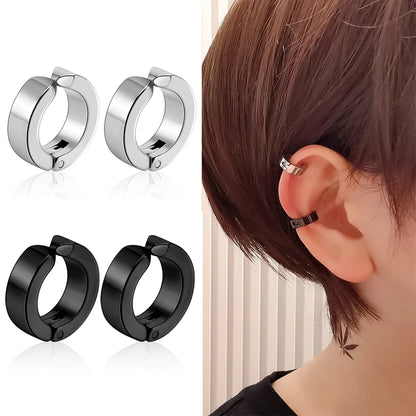 Set de 2 Ear Cuffs Coreanos Punk – Aros de Acero Inoxidable Negro para Hombre y Mujer, Sin Perforación