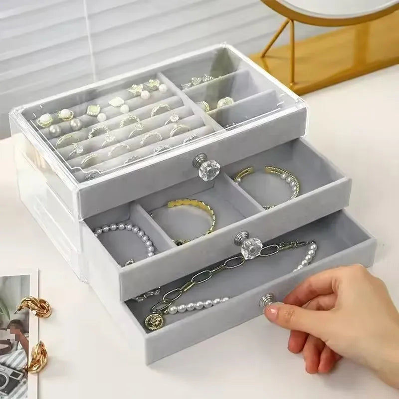 Joyero de Terciopelo y Acrílico con 3 Cajones Apilables | Organizador de Joyería para Collares, Pulseras y Aretes