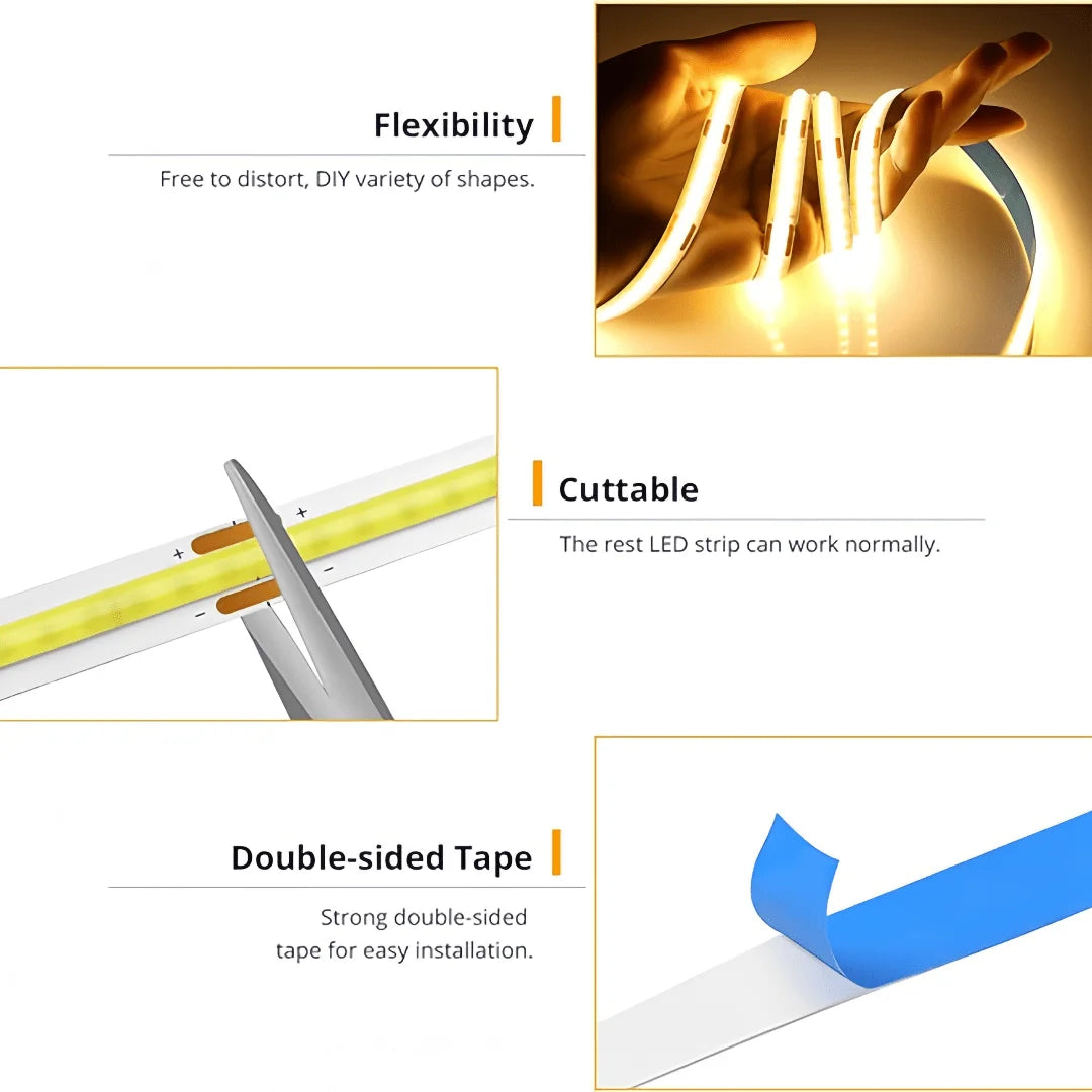 Tira de Luz LED COB USB 5V Flexible con Regulador Táctil – 1m a 5m, Luz Blanca Cálida/Fría, DIY Iluminación Interior