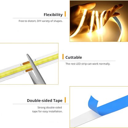 Tira de Luz LED COB USB 5V Flexible con Regulador Táctil – 1m a 5m, Luz Blanca Cálida/Fría, DIY Iluminación Interior