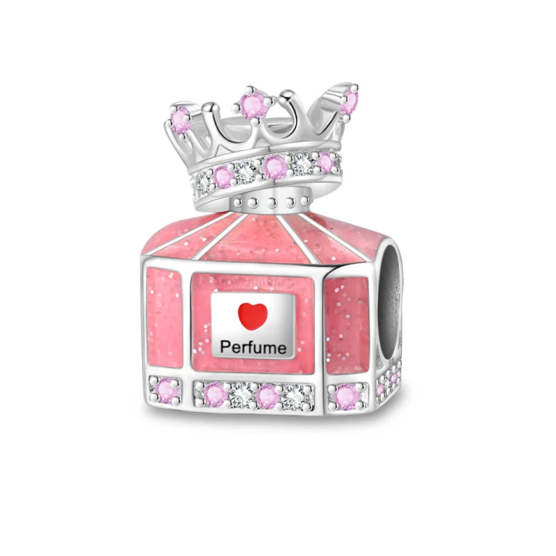 Charm Botella de Perfume en Plata 925 con Corona Rosa – Abalorio Romántico para Pulseras Tipo Qikaola, Regalo San Valentín