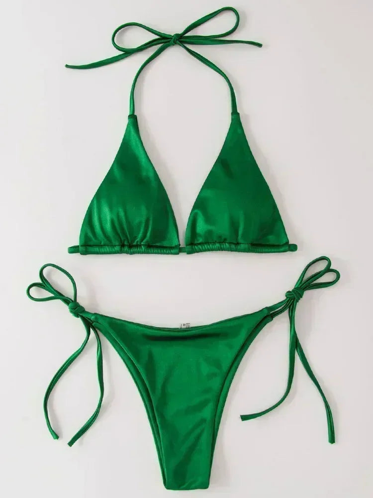 Bikini Brasileño Halter Mujer | Satinado Metálico Push Up 2 Piezas