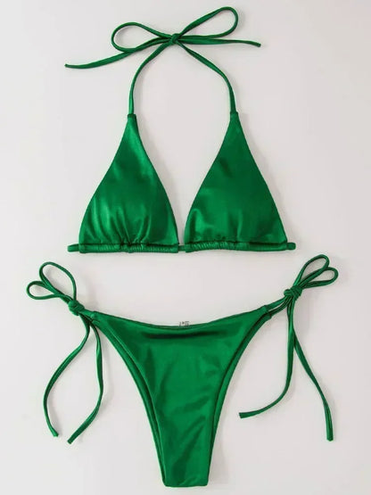Bikini Brasileño Halter Mujer | Satinado Metálico Push Up 2 Piezas