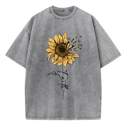 Camiseta Oversize Mujer Vintage Negra | Algodón Lavado Estampado Girasol y Mariposa