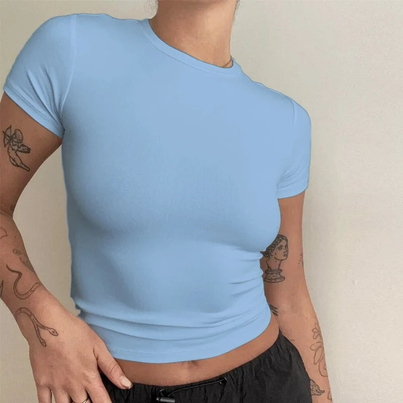 Camiseta Mujer Slim Fit 2024 | T-shirt Tejida de Manga Corta O-Neck Estilo Y2K Casual y Deportiva