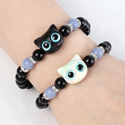 Pulsera de Pareja con Gato Luminoso – Brazalete de Cuentas Negro y Blanco para Amistad o Amor