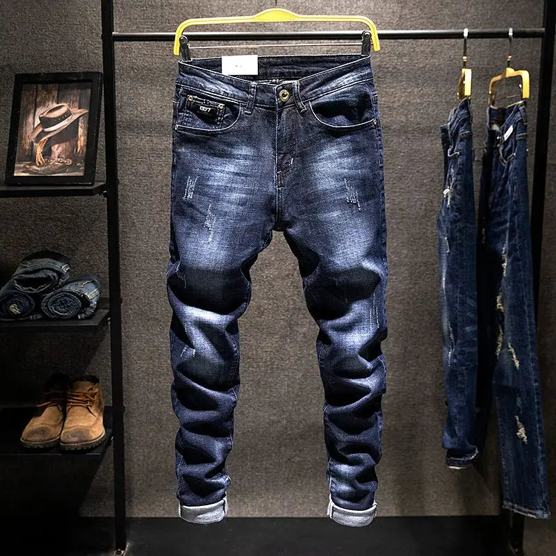 Jeans Hombre High Street | Pantalón Slim Fit Ripped Recto Elástico Streetwear Todo el Año 2025