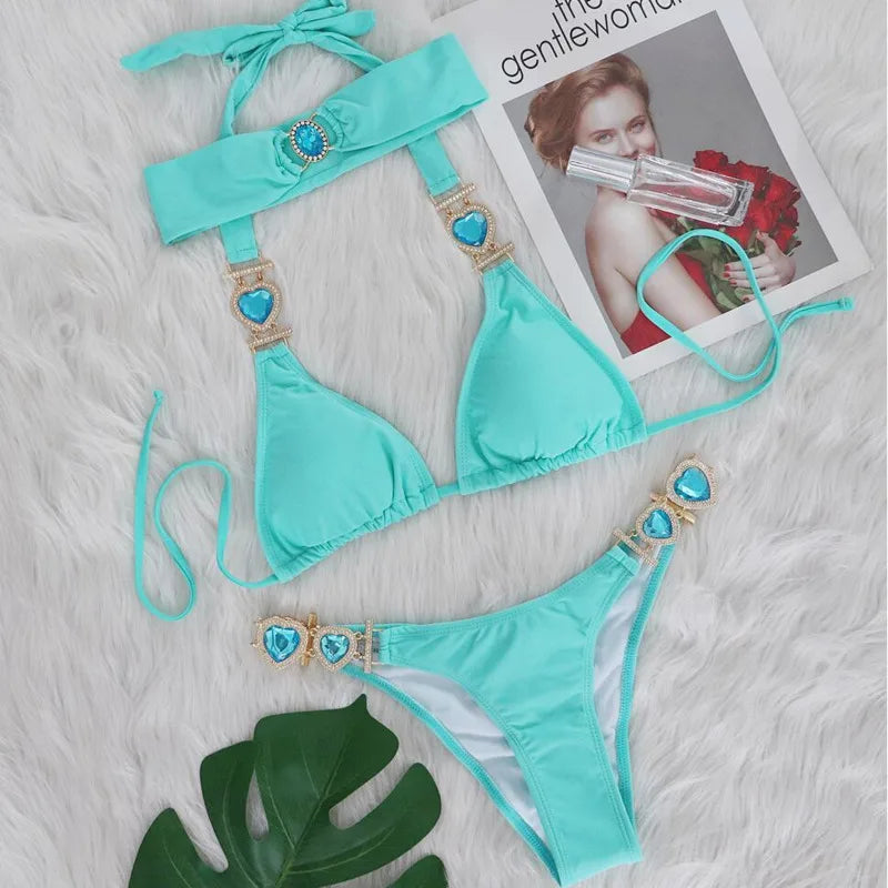 Bikini Sexy Mujer | Push-Up con Rhinestones y Diadema Playa y Piscina
