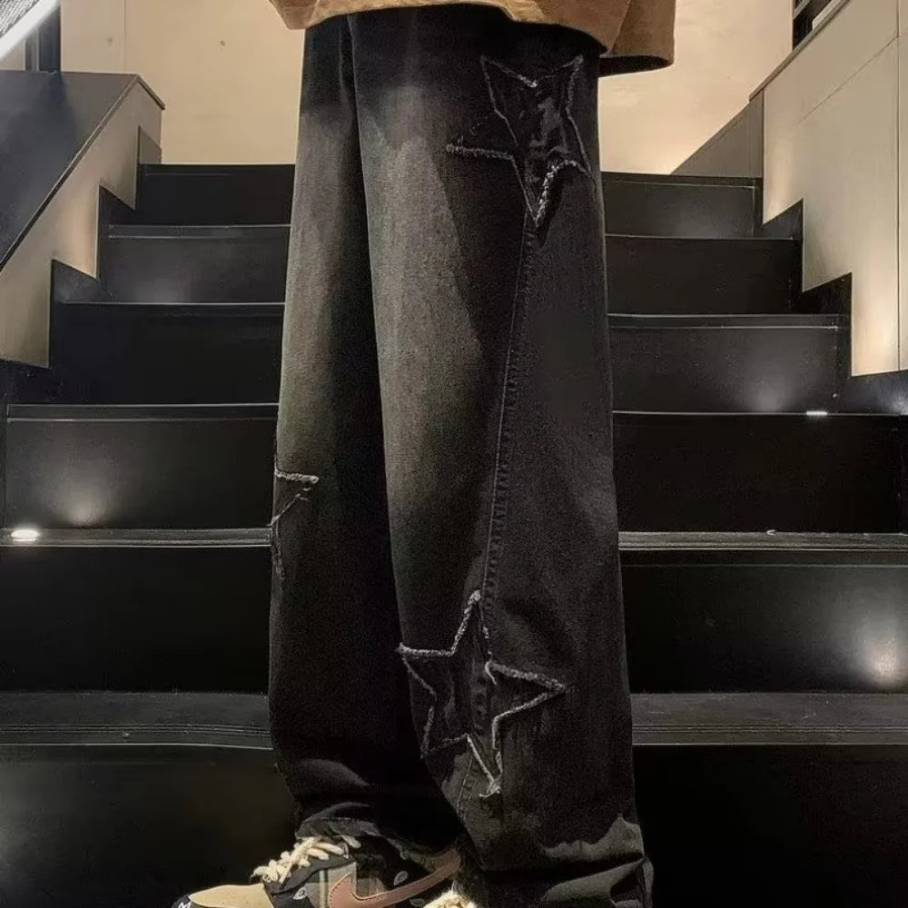 Jeans Hombre Bordado Estrella | Pantalones Rectos Anchos Hip Hop Streetwear Y2K Juvenil Unisex