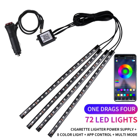 Kit de Luces LED Neón RGB para Interior de Coche | Tiras Decorativas con Control Remoto, App y Modo Música