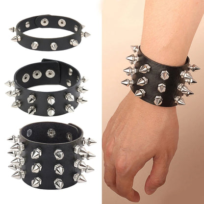 Pulsera Punk de Cuero PU con Tachuelas y Púas - Brazalete Ajustable Negro Unisex