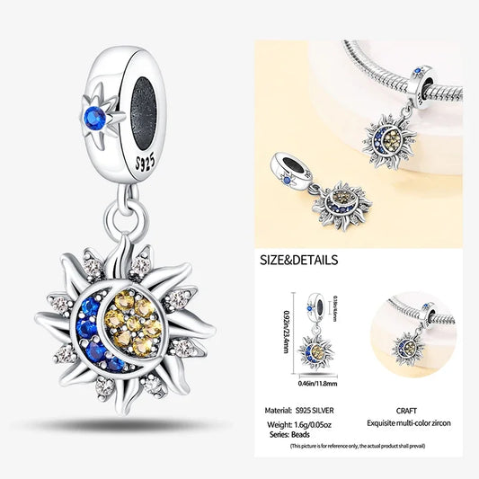 Charm Plata 925 Colgante Colorido Sol Luna Estrellas | Dije Compatible Pandora Pulsera y Collar Mujer