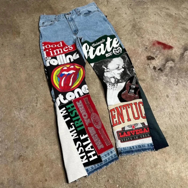 Jeans Hip Hop Talle Alto con Estampado de Caricaturas – Pantalones Y2K Oversize Pierna Ancha Unisex Estilo Rock Streetwear