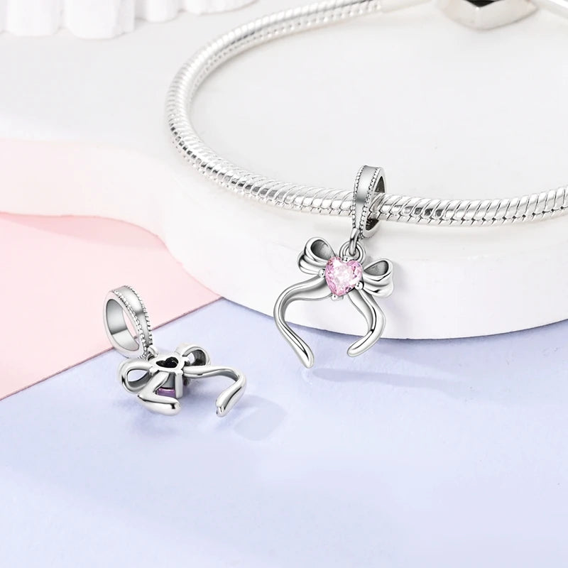 Original 925 Sterling Silver Pink Series Charms Beads Bow Perfume Bottle Heart-Shaped Cross Pendant Fit Bracelet DIY Jewelry