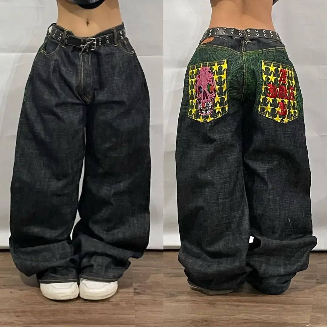Jeans Streetwear de Cintura Alta para Hombre – Pantalones Oversize Y2K Retro Harajuku con Bordados Estilo Hip Hop Gótico