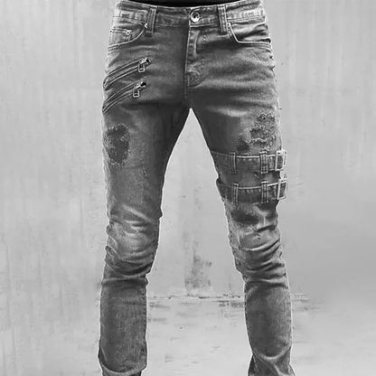 Jeans Biker Slim Fit para Hombre – Pantalones Rotos de Denim Negro con Cremallera, Stretch y Estilo Hip Hop Oversize