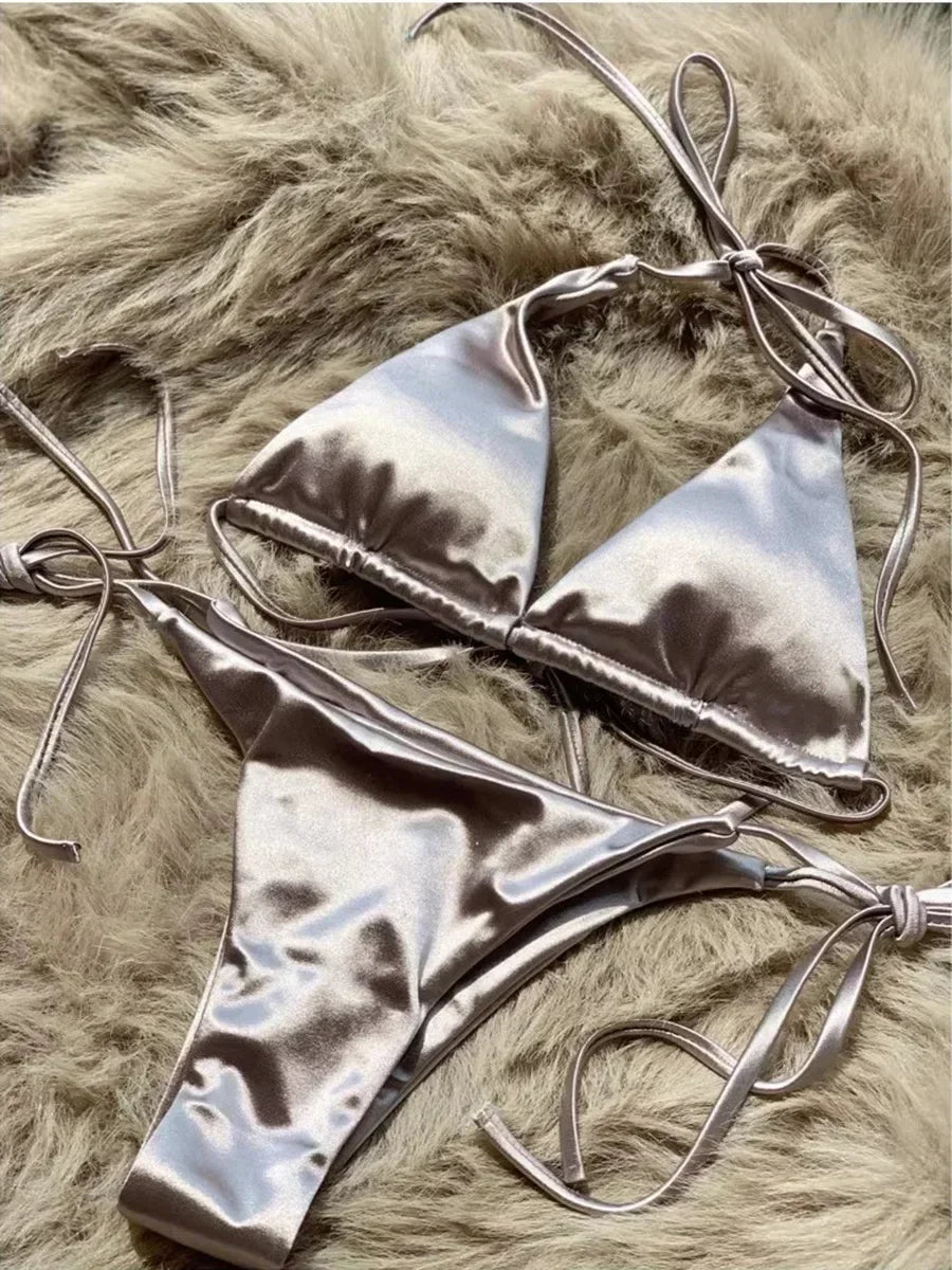 Bikini Brasileño Halter Mujer | Satinado Metálico Push Up 2 Piezas