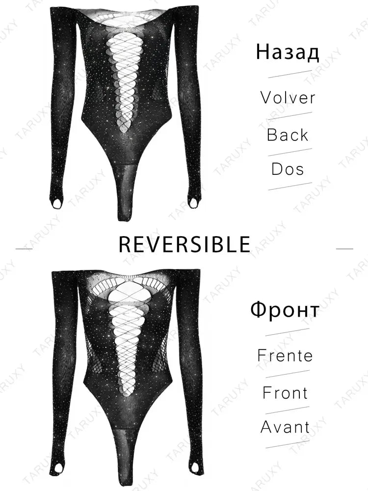 Body Mujer 2025 | Lencería Sexy de Malla Brillante con Rhinestones y Manga Larga