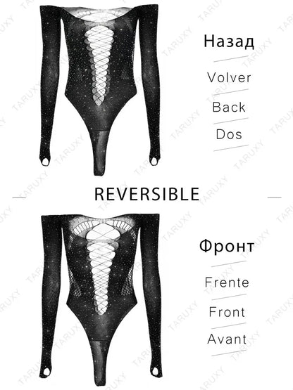 Body Mujer 2025 | Lencería Sexy de Malla Brillante con Rhinestones y Manga Larga