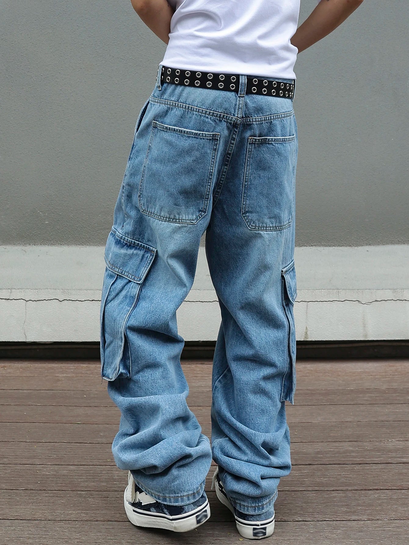 Jeans Cargo Baggy Hombre Azul Claro | Pantalón Vaquero Ancho Multibolsillos Streetwear Vintage