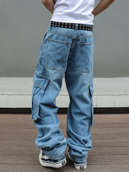 Jeans Cargo Baggy Hombre Azul Claro | Pantalón Vaquero Ancho Multibolsillos Streetwear Vintage