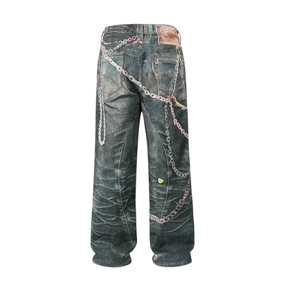 Jeans Vintage con Estampado 3D de Cadenas – Pantalones Baggy Unisex Harajuku Rectos Oversize Cargo Denim Lavado