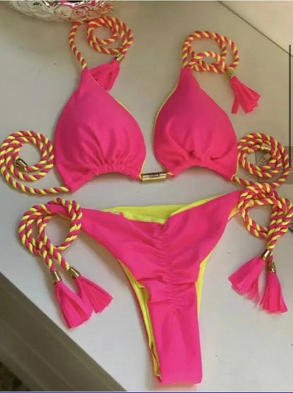 Bikini Mujer 2025 | Triángulo Multicolor Sin Espalda con Cordón
