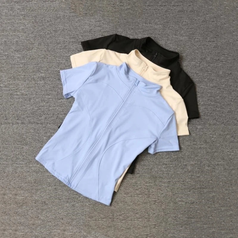 Camiseta Deportiva Mujer Verano | Top Slim Fit Secado Rápido Cuello Alto Cremallera Completa Yoga & Fitness