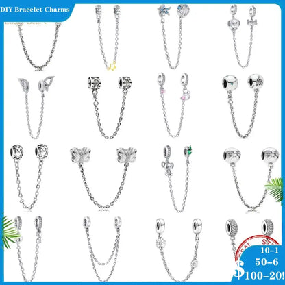 Cadena de seguridad plata 925 con charms mariposa, margarita, gato, oso y castillo – Compatible con pulsera Pandora mujer