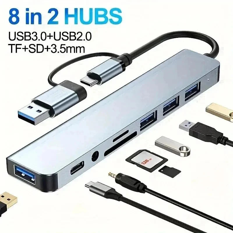 8 en 2 HUB USB-C Docking Station – Adaptador con Lector SD/TF, Jack 3.5mm, USB 3.0, USB 2.0 y Power Delivery para Laptop/Tablet/Smartphone